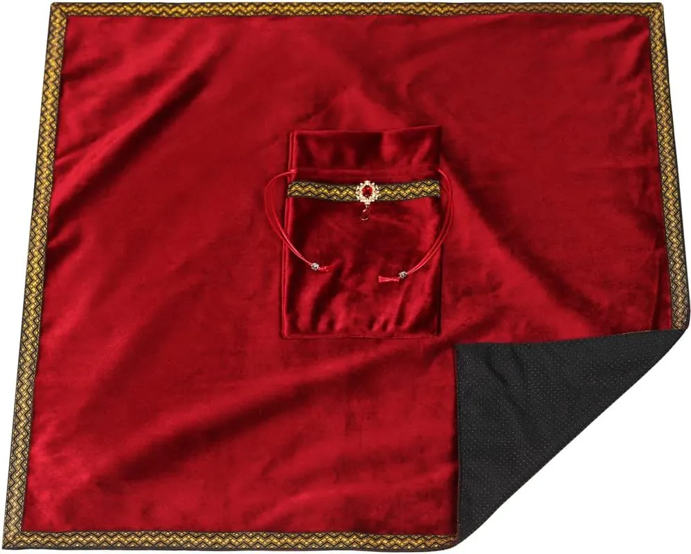 Tarot Cards Divination Altar Cloth Witch Decor - Witchy Gifts，Fortune Teller's Recommendation - Acrylic Diamond Pendant - Thickened Velvet Non Slip (Red, 2-Piece Set with Medium Bag)