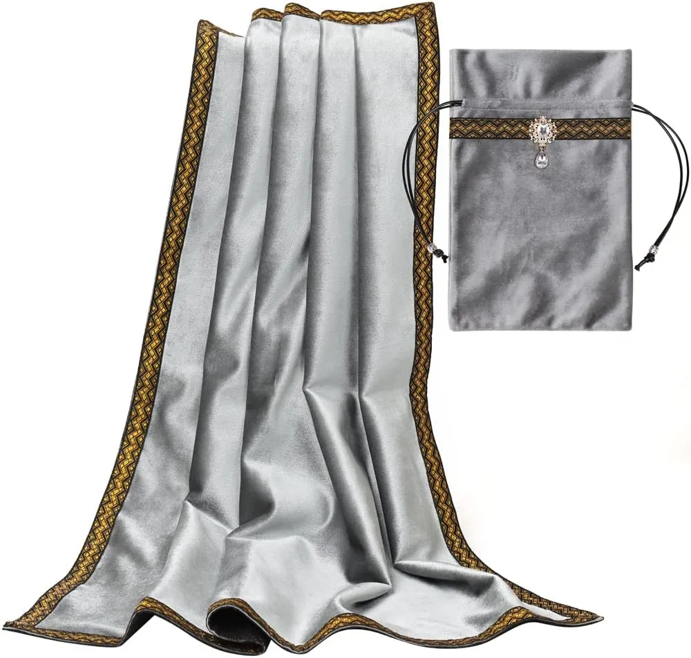Tarot Cards Divination Altar Cloth Witch Decor - Witchy Gifts，Fortune Teller's Recommendation - Acrylic Diamond Pendant - Thickened Velvet Non Slip (Silver, 2-Piece Set with Medium Bag)