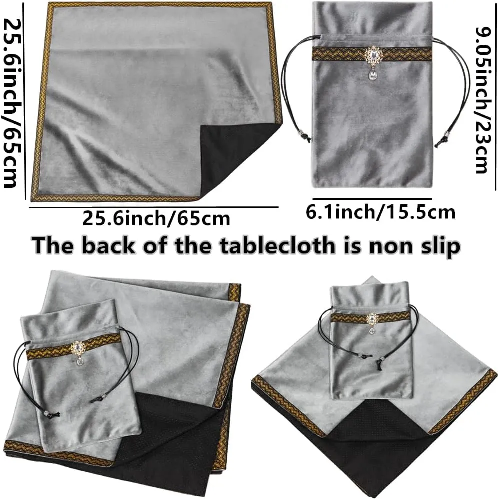 Tarot Cards Divination Altar Cloth Witch Decor - Witchy Gifts，Fortune Teller's Recommendation - Acrylic Diamond Pendant - Thickened Velvet Non Slip (Silver, 2-Piece Set with Medium Bag)