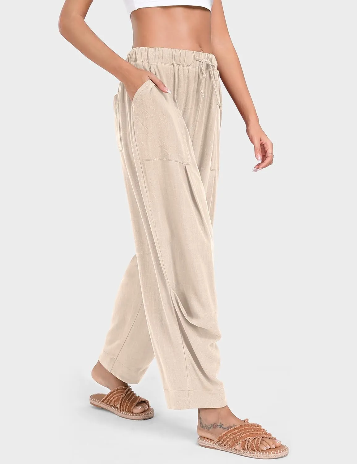 TARSE Women Linen Baggy Harem Pants Summer Drawstring Casual Lounge Pant 2024 Beach Travel Vacation Clothes with Pockets
