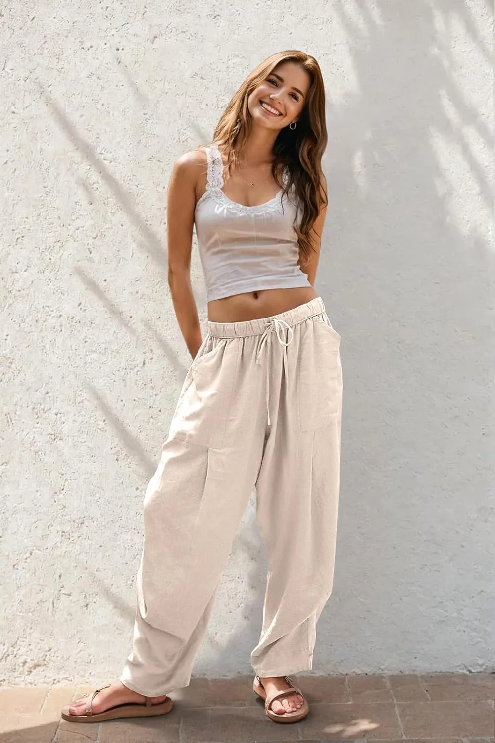 TARSE Women Linen Baggy Harem Pants Summer Drawstring Casual Lounge Pant 2024 Beach Travel Vacation Clothes with Pockets