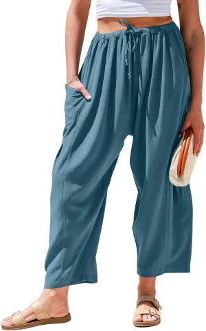 TARSE Womens Linen Wide Leg Pants Casual Loose Drawstring Summer Beach Travel Vacation Palazzo Harem Pants with Pockets