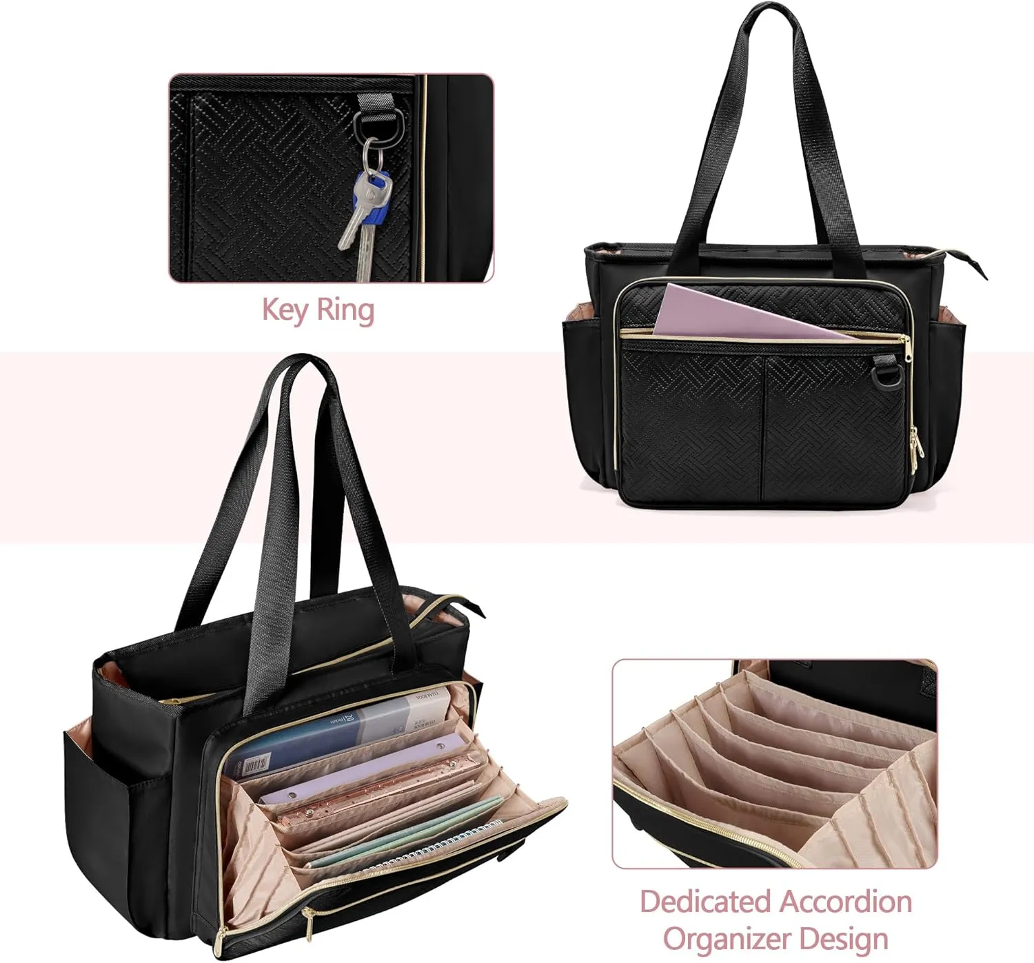 Teacher Tote Bag with Accordion File Organizer Pocket, Large Teacher Work Utility Bag for Women, Black(Patent Design)