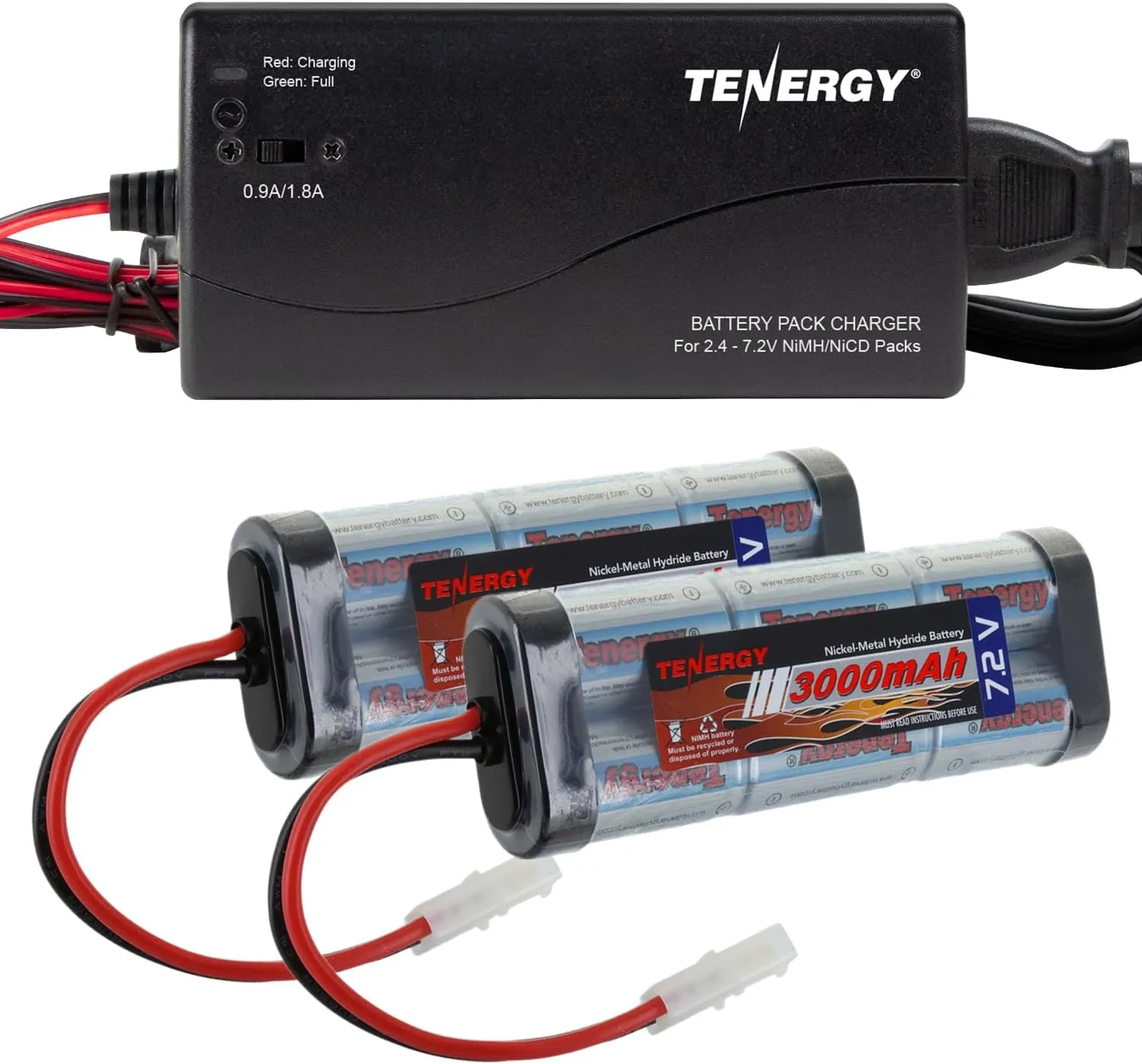 Tenergy 2 Pack 7.2V 3000mAh Flat NiMH Battery Packs with Smart Charger for RC Cars, RC Airplanes