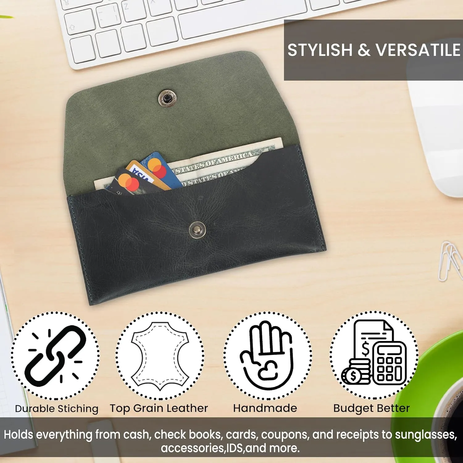 The Antiq Leather Currency Pouch Dollar Bills Organiser Handmade Travel Wallet Utility Money Pouch Cash Currency Envelope- Forest Green