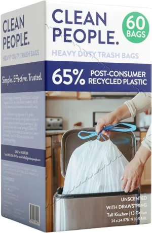The Clean People Trash Bags, Tall Drawstring Kitchen Garbage Bags, 13 Gallon Capacity, 60 Bags, Made with 65% Recycled Material, Unscented
