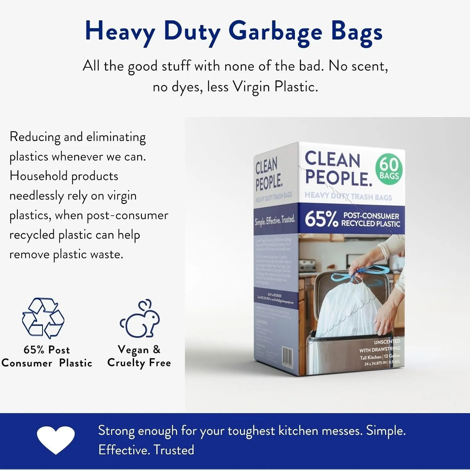 The Clean People Trash Bags, Tall Drawstring Kitchen Garbage Bags, 13 Gallon Capacity, 60 Bags, Made with 65% Recycled Material, Unscented