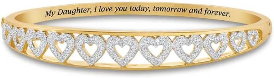 The Danbury Mint My Daughter Forever Diamond Bangle - A Dozen Genuine Diamonds and Hearts - 14kt Gold-Plating - Inscribed Sentiment - Gift for Daughter, #5120-0012