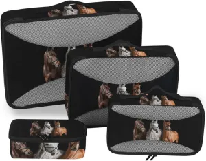 Three Horses in Brown White Colors with Bridle against on Black 4 PCs Set Packing Bags, Luggage Organizer Bag, Portable Cube Toiletry bag, Durable Travel Cosmetic Storage Bag for Men Women