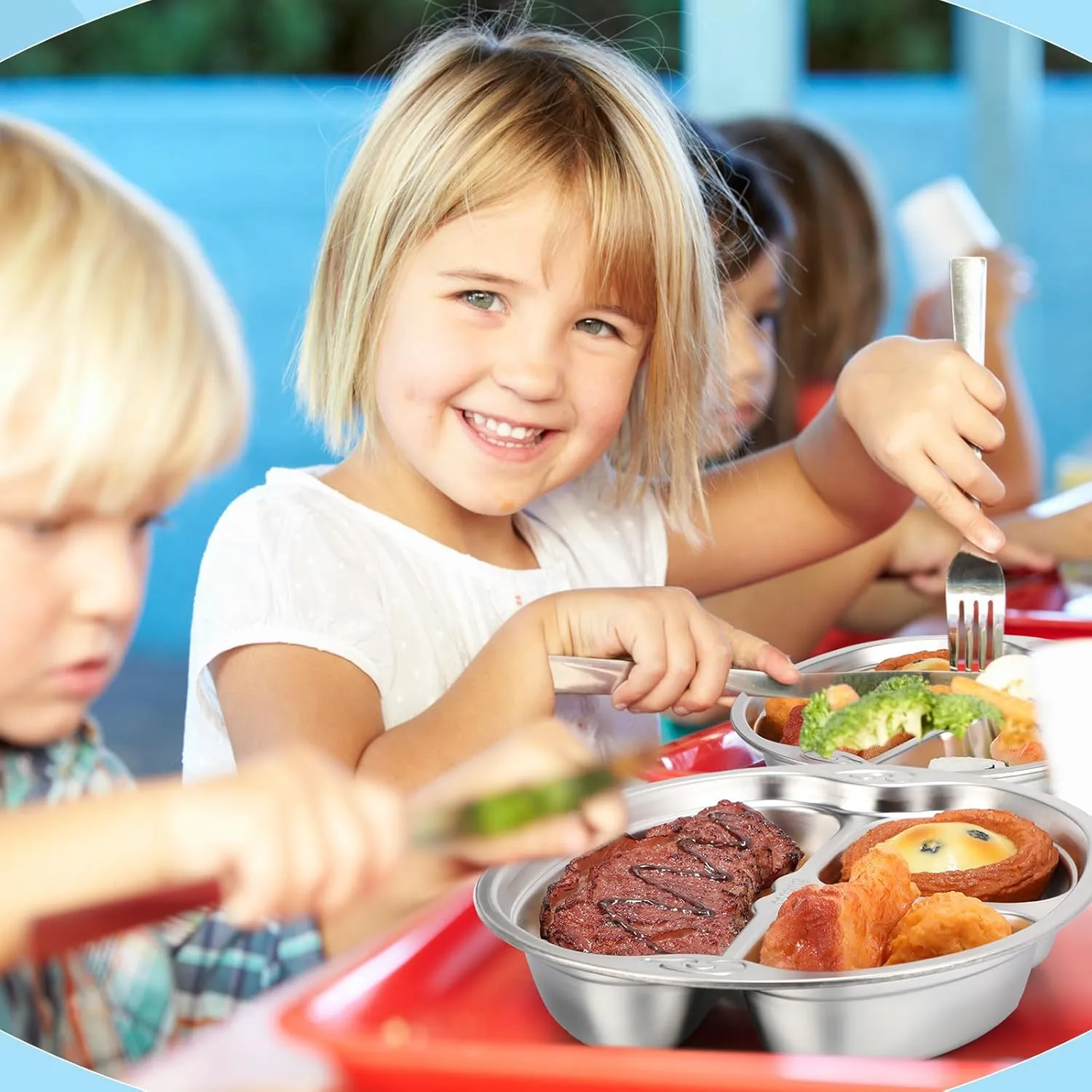 Tioncy 6 Pcs Stainless Steel Kids Plates 3 Sections Divided Unbreakable Dinner Plates Cute Monkey Shape bowls for Babies, Toddlers and Kids Lunch, Portion Control, Camping