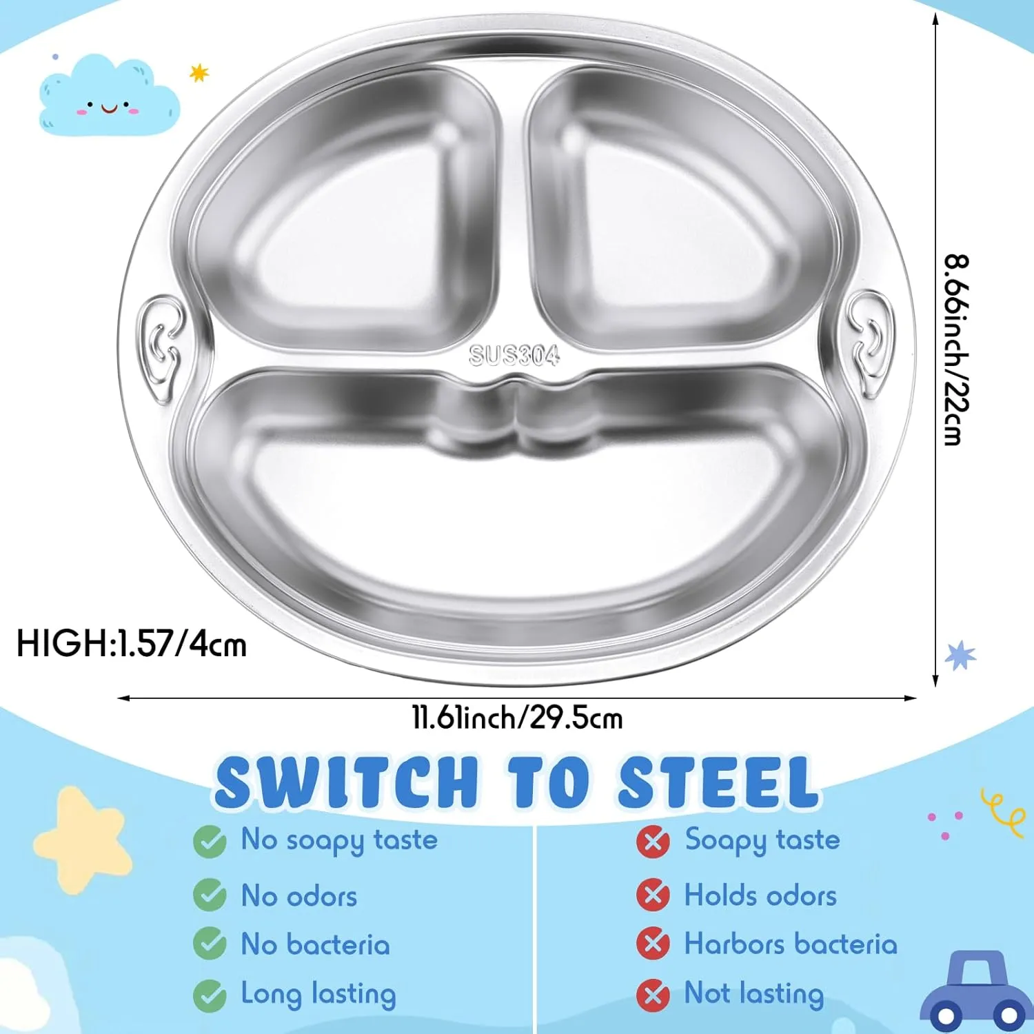 Tioncy 6 Pcs Stainless Steel Kids Plates 3 Sections Divided Unbreakable Dinner Plates Cute Monkey Shape bowls for Babies, Toddlers and Kids Lunch, Portion Control, Camping