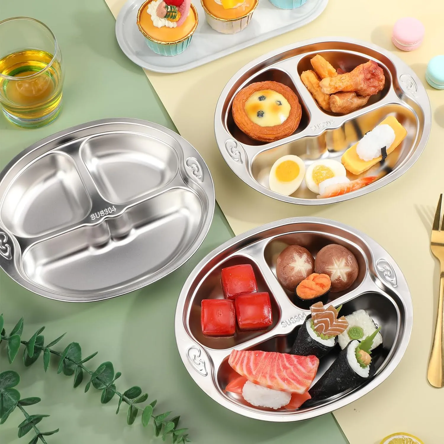 Tioncy 6 Pcs Stainless Steel Kids Plates 3 Sections Divided Unbreakable Dinner Plates Cute Monkey Shape bowls for Babies, Toddlers and Kids Lunch, Portion Control, Camping