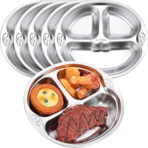 Tioncy 6 Pcs Stainless Steel Kids Plates 3 Sections Divided Unbreakable Dinner Plates Cute Monkey Shape bowls for Babies, Toddlers and Kids Lunch, Portion Control, Camping