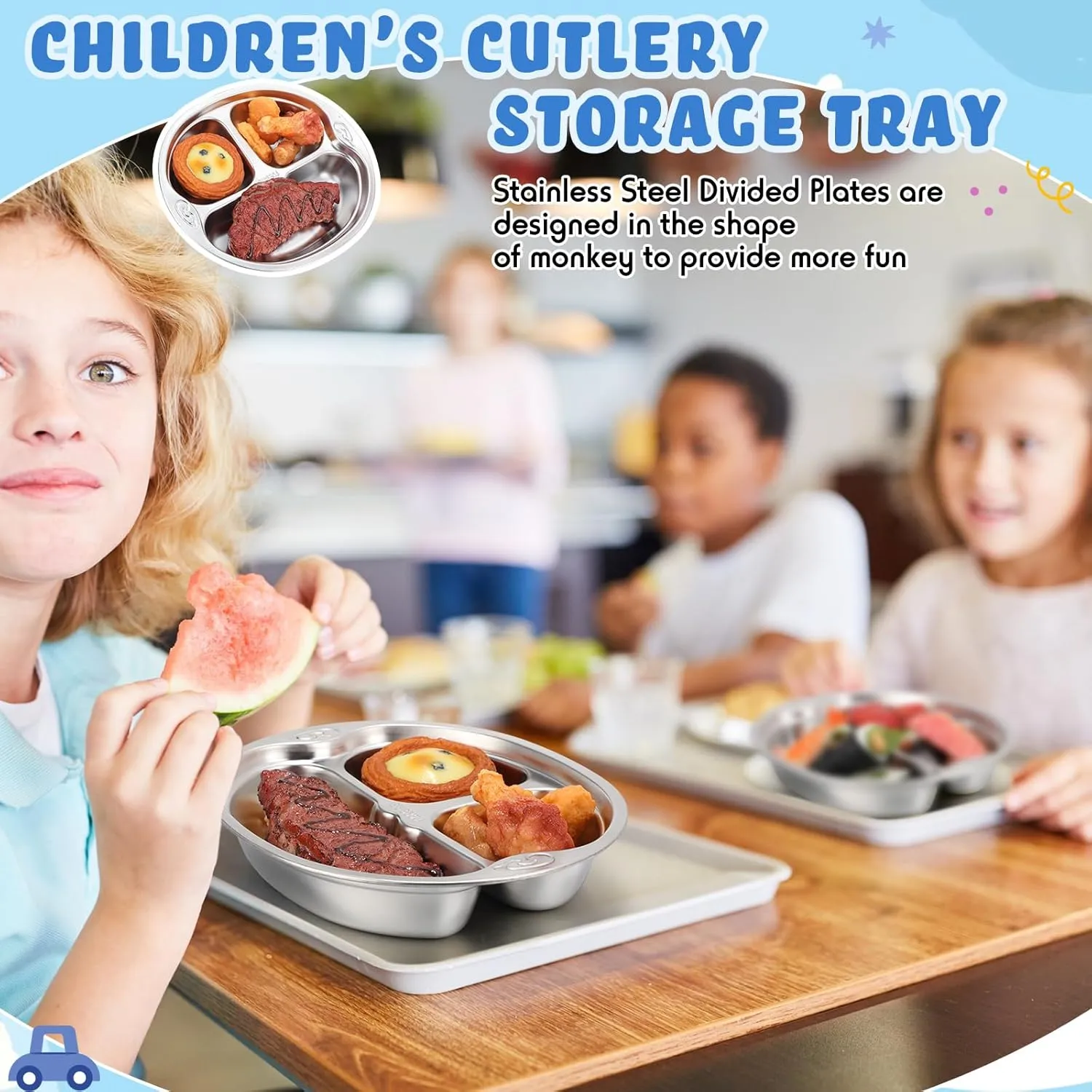 Tioncy 6 Pcs Stainless Steel Kids Plates 3 Sections Divided Unbreakable Dinner Plates Cute Monkey Shape bowls for Babies, Toddlers and Kids Lunch, Portion Control, Camping