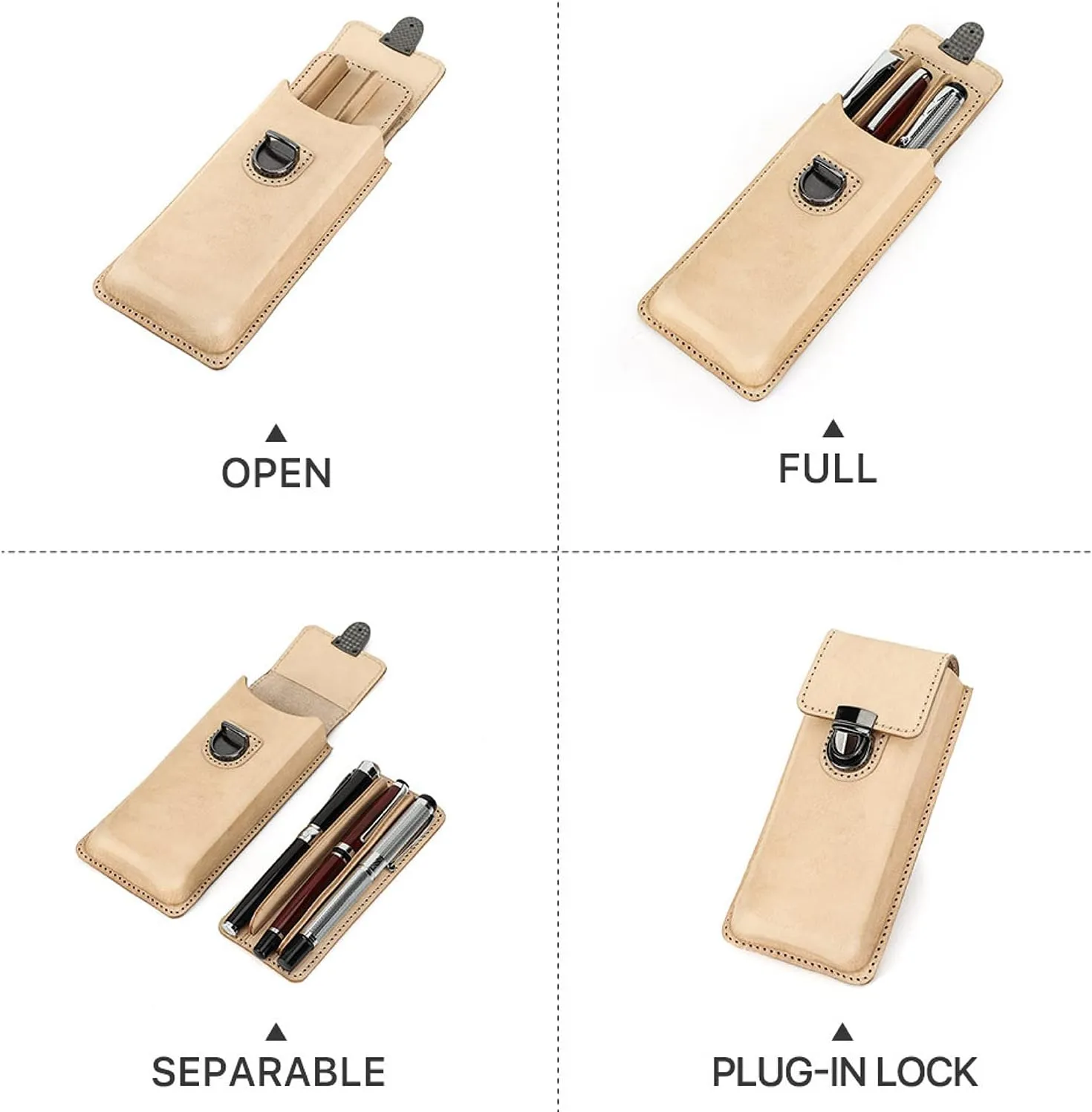 Top Grain Genuine Leather 3 Pen/Pencil Tray Case Organizer, Solid Minimalist Design No Logo, Handmade, Brass Plug-in Lock with Drawer, Gift Choice for Man/Woman/Office, Glossy Nude, 3 Slots