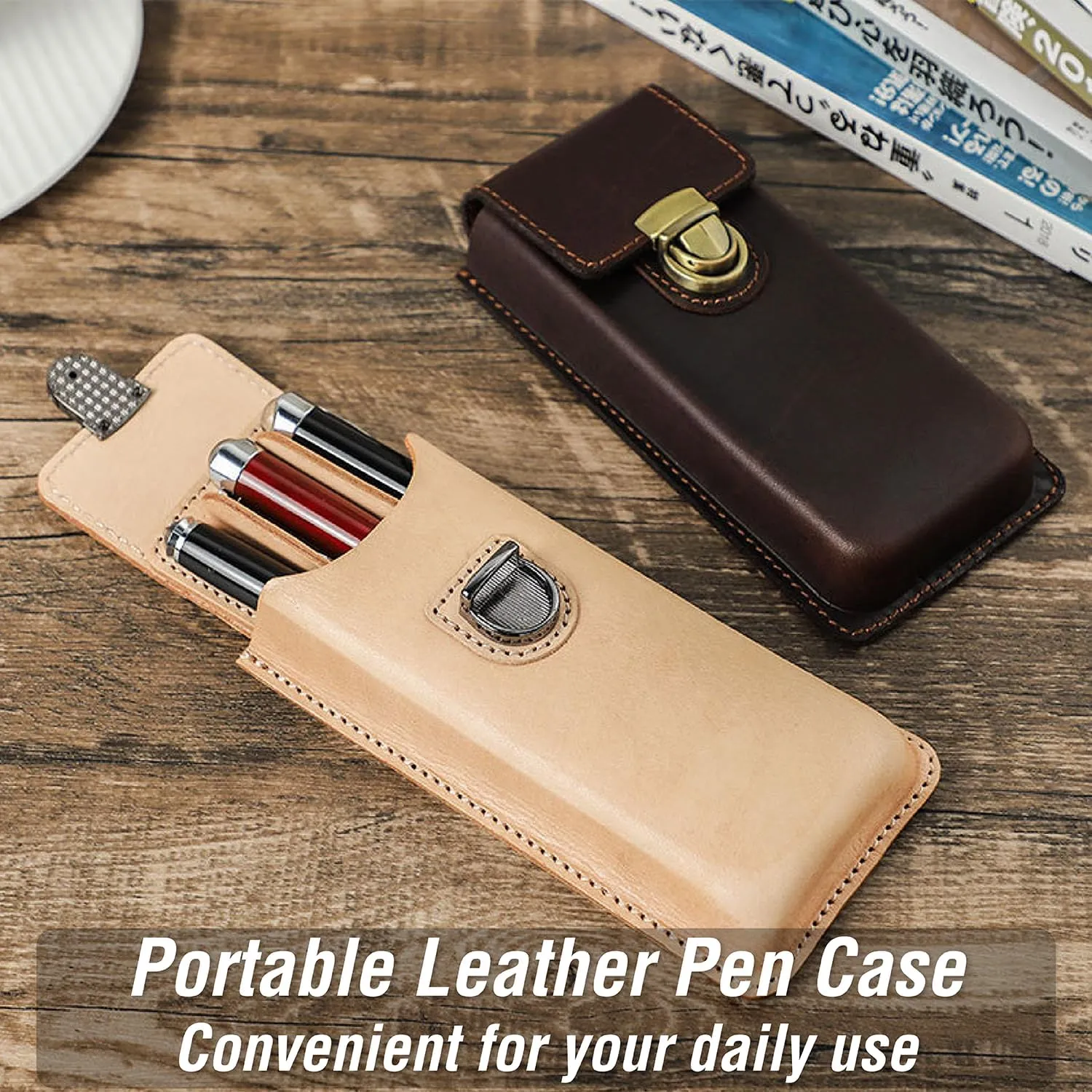 Top Grain Genuine Leather 3 Pen/Pencil Tray Case Organizer, Solid Minimalist Design No Logo, Handmade, Brass Plug-in Lock with Drawer, Gift Choice for Man/Woman/Office, Glossy Nude, 3 Slots