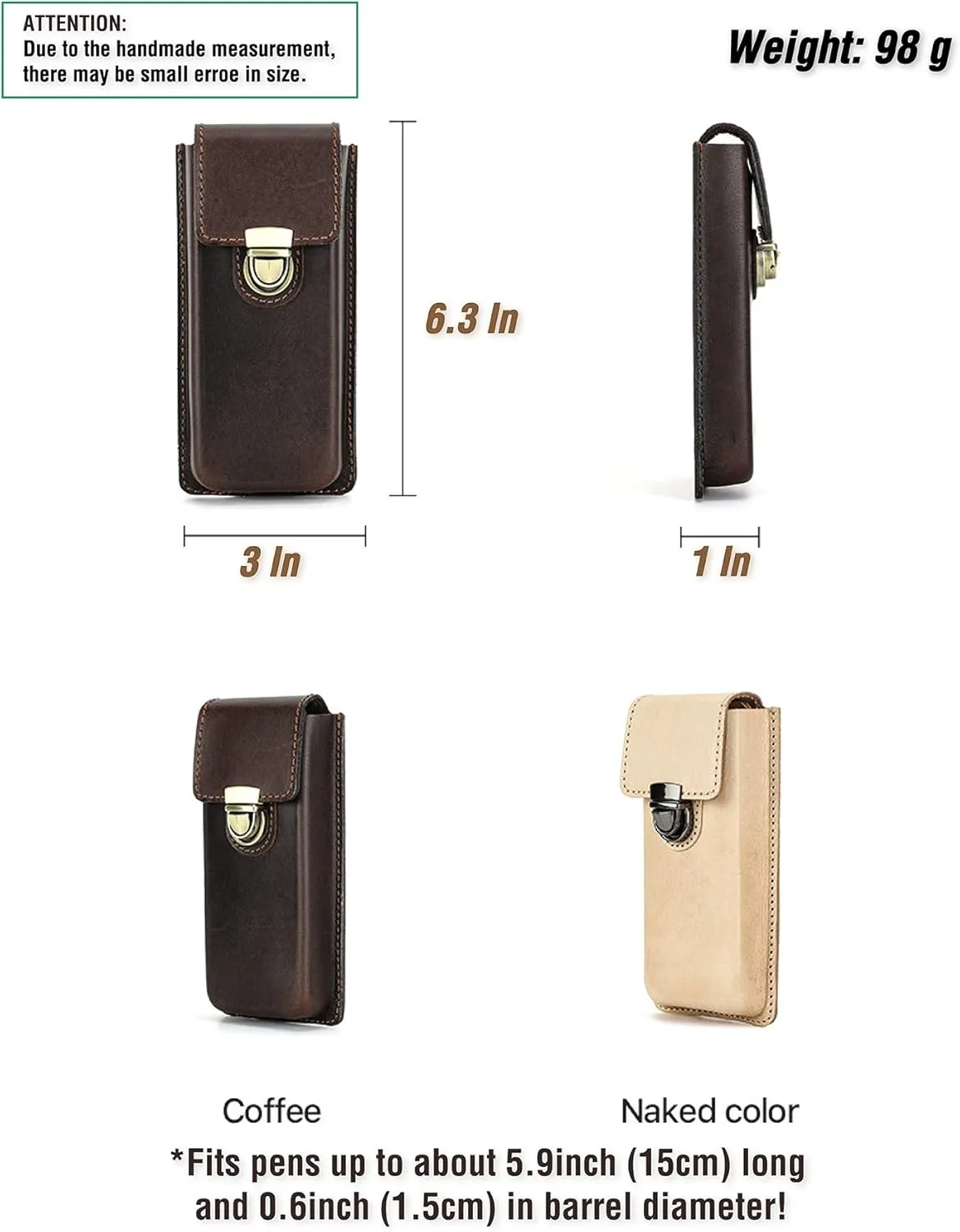 Top Grain Genuine Leather 3 Pen/Pencil Tray Case Organizer, Solid Minimalist Design No Logo, Handmade, Brass Plug-in Lock with Drawer, Gift Choice for Man/Woman/Office, Glossy Nude, 3 Slots
