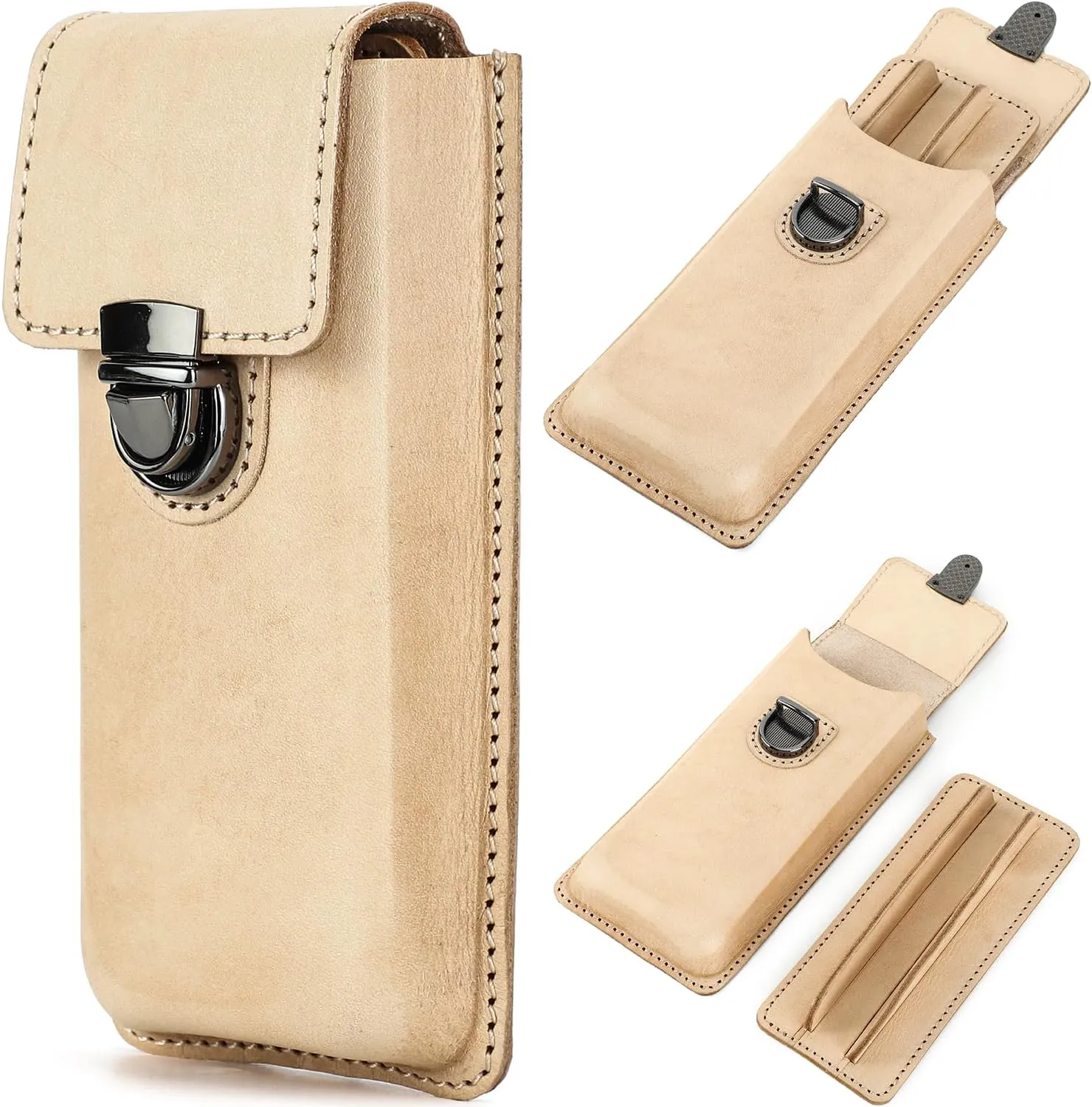 Top Grain Genuine Leather 3 Pen/Pencil Tray Case Organizer, Solid Minimalist Design No Logo, Handmade, Brass Plug-in Lock with Drawer, Gift Choice for Man/Woman/Office, Glossy Nude, 3 Slots