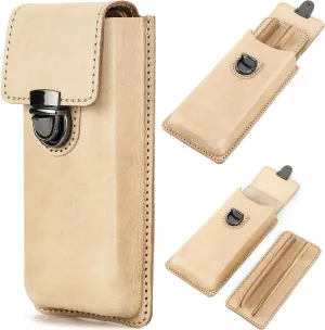 Top Grain Genuine Leather 3 Pen/Pencil Tray Case Organizer, Solid Minimalist Design No Logo, Handmade, Brass Plug-in Lock with Drawer, Gift Choice for Man/Woman/Office, Glossy Nude, 3 Slots