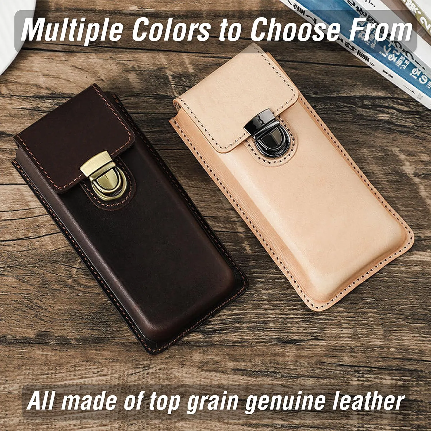 Top Grain Genuine Leather 3 Pen/Pencil Tray Case Organizer, Solid Minimalist Design No Logo, Handmade, Brass Plug-in Lock with Drawer, Gift Choice for Man/Woman/Office, Glossy Nude, 3 Slots