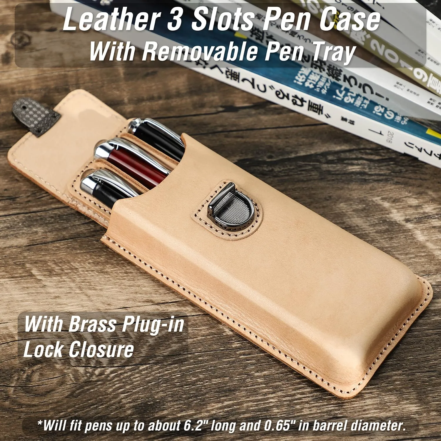 Top Grain Genuine Leather 3 Pen/Pencil Tray Case Organizer, Solid Minimalist Design No Logo, Handmade, Brass Plug-in Lock with Drawer, Gift Choice for Man/Woman/Office, Glossy Nude, 3 Slots