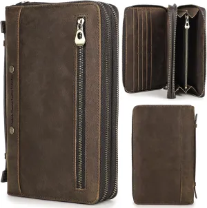 Top Grain Genuine Leather Clutch Wallet Bag with Hand Strap for Man & Woman, Handmade Minimalist Vintage Design, 2 Zip Pockets & Multi Slots, RFID Large Capacity for Cards/Phone/Check/Banknote, Coffee