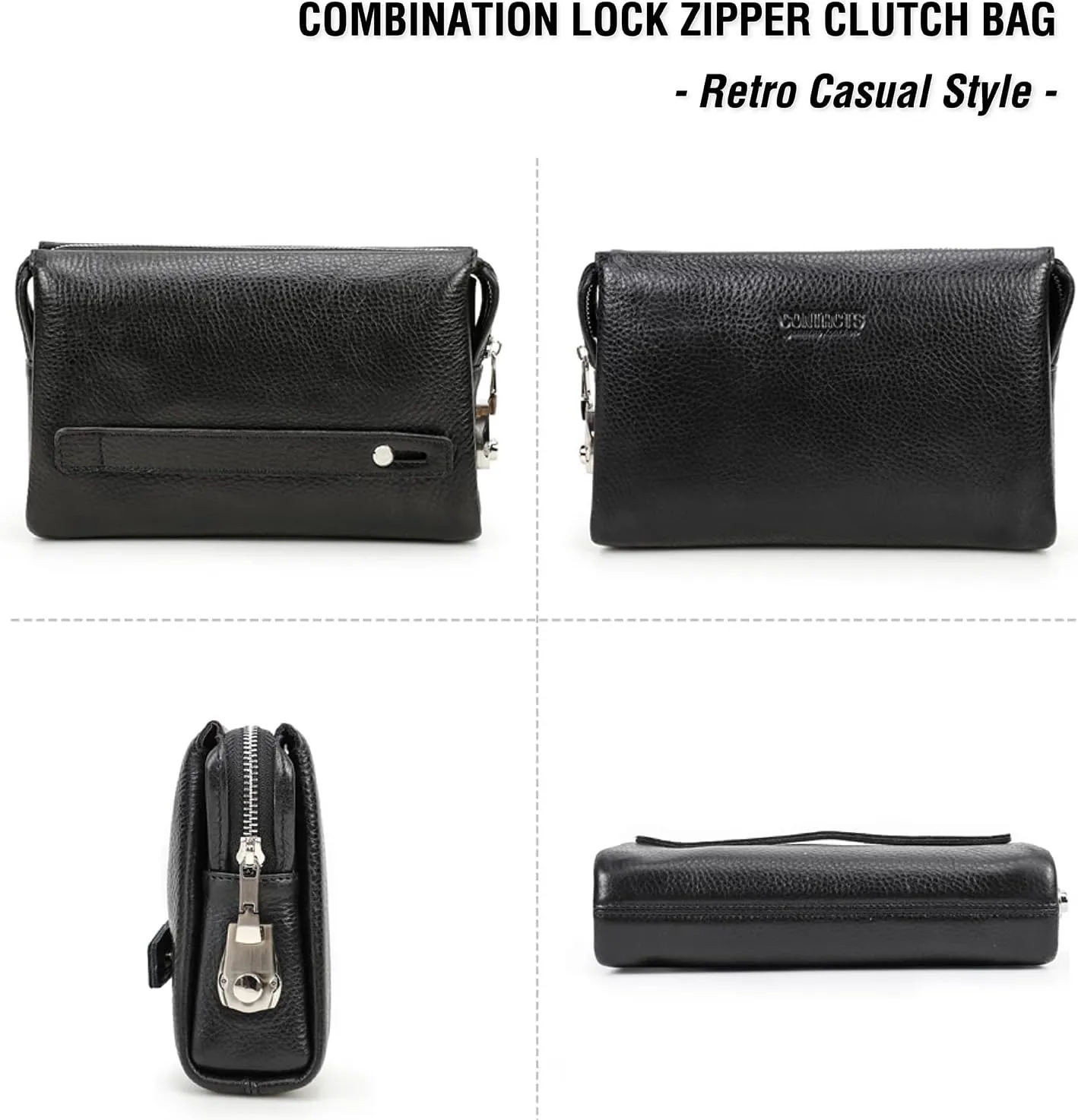 Top Grain Genuine Leather Handbag Wallet for Man & Woman, Handmade Retro Design, Combination Lock & Retractable Hand Strap & Multi Pockets/Slots, Portable RFID for Cards/Checks/Phone/Banknote, Black
