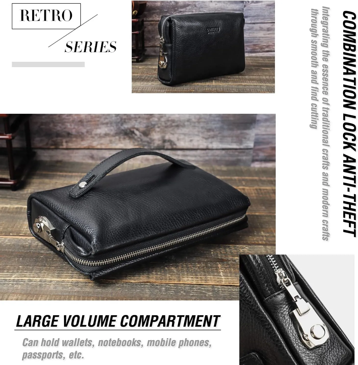 Top Grain Genuine Leather Handbag Wallet for Man & Woman, Handmade Retro Design, Combination Lock & Retractable Hand Strap & Multi Pockets/Slots, Portable RFID for Cards/Checks/Phone/Banknote, Black