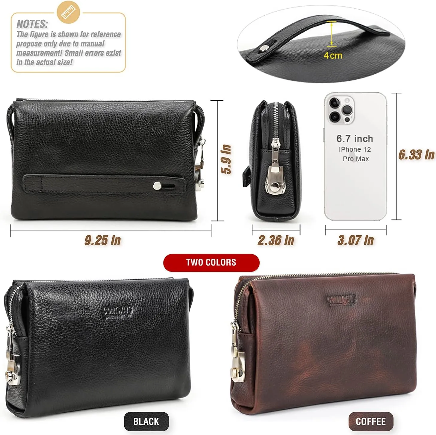 Top Grain Genuine Leather Handbag Wallet for Man & Woman, Handmade Retro Design, Combination Lock & Retractable Hand Strap & Multi Pockets/Slots, Portable RFID for Cards/Checks/Phone/Banknote, Black