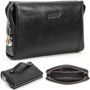 Top Grain Genuine Leather Handbag Wallet for Man & Woman, Handmade Retro Design, Combination Lock & Retractable Hand Strap & Multi Pockets/Slots, Portable RFID for Cards/Checks/Phone/Banknote, Black