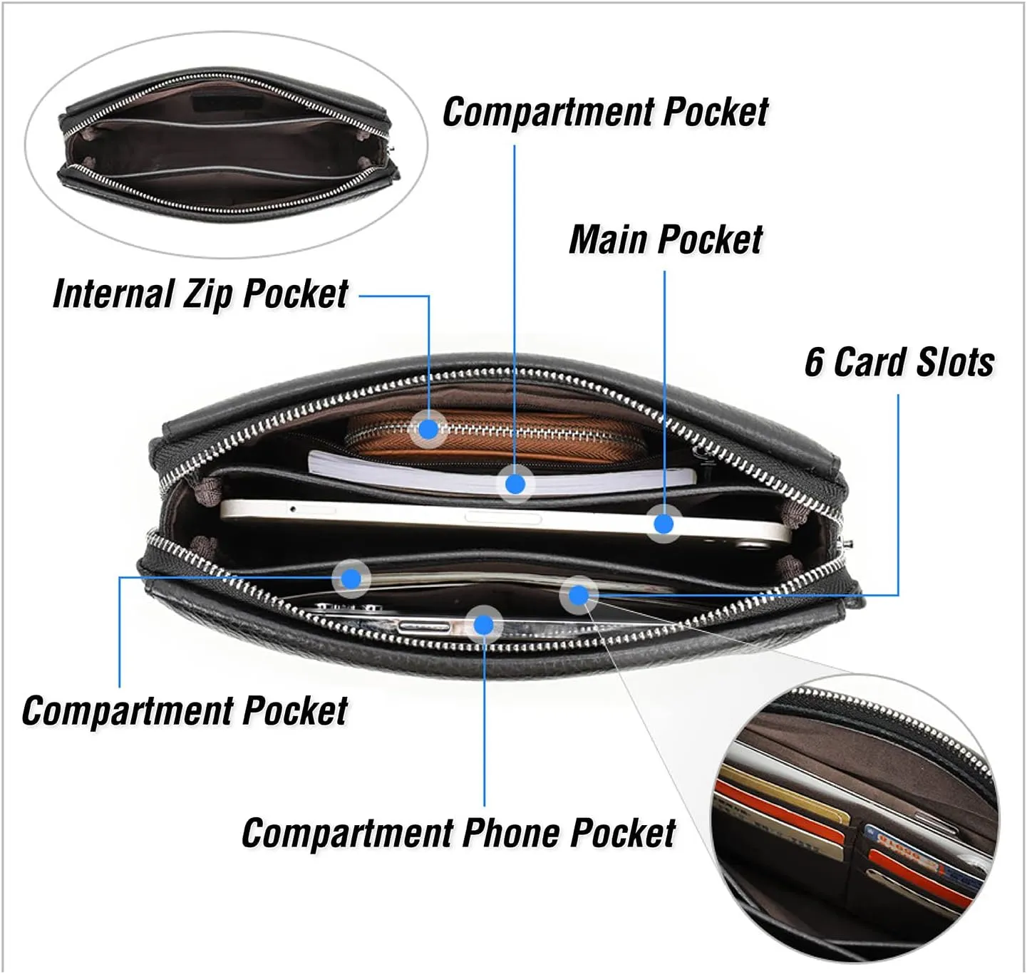 Top Grain Genuine Leather Handbag Wallet for Man & Woman, Handmade Retro Design, Combination Lock & Retractable Hand Strap & Multi Pockets/Slots, Portable RFID for Cards/Checks/Phone/Banknote, Black