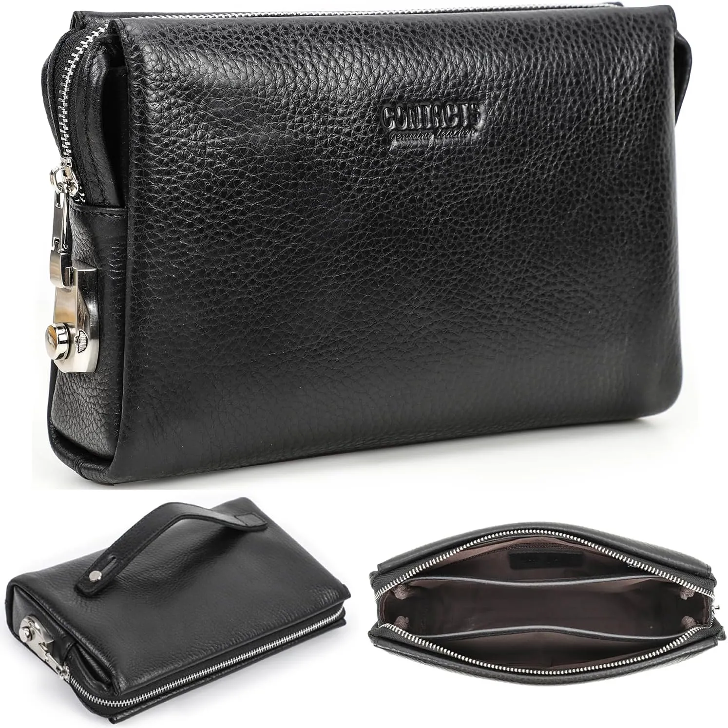 Top Grain Genuine Leather Handbag Wallet for Man & Woman, Handmade Retro Design, Combination Lock & Retractable Hand Strap & Multi Pockets/Slots, Portable RFID for Cards/Checks/Phone/Banknote, Black