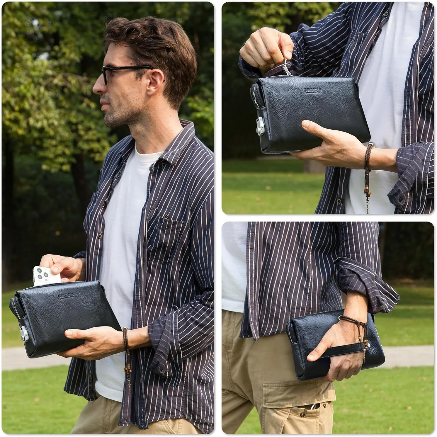 Top Grain Genuine Leather Handbag Wallet for Man & Woman, Handmade Retro Design, Combination Lock & Retractable Hand Strap & Multi Pockets/Slots, Portable RFID for Cards/Checks/Phone/Banknote, Black