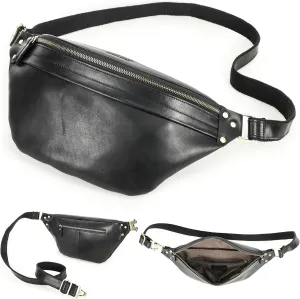 Top Grain Genuine Leather Slim Fanny Pack for Man & Woman, Minimalist Vintage Design, Handmade with Detachable Hardware, Slim Waist Pack Large Crossbody Belt Bag for Traveling or Riding, Black