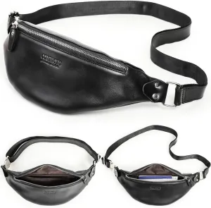 Top Grain Genuine Leather Slim Waist Pack for Man & Woman, Minimalist Vintage Design, Handmade with Detachable Hardware, Slim Fanny Pack Small Crossbody Belt Bag for Traveling or Riding, Glossy Black