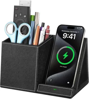 TopMade Wireless Charger with Pen Holder, PU Leather Desk Nightstand Organizer Fast Charging Station, Pencil Holder, for Iphone Charging Stand, Birthday Gifts for Dad Gifts for Men(Black)