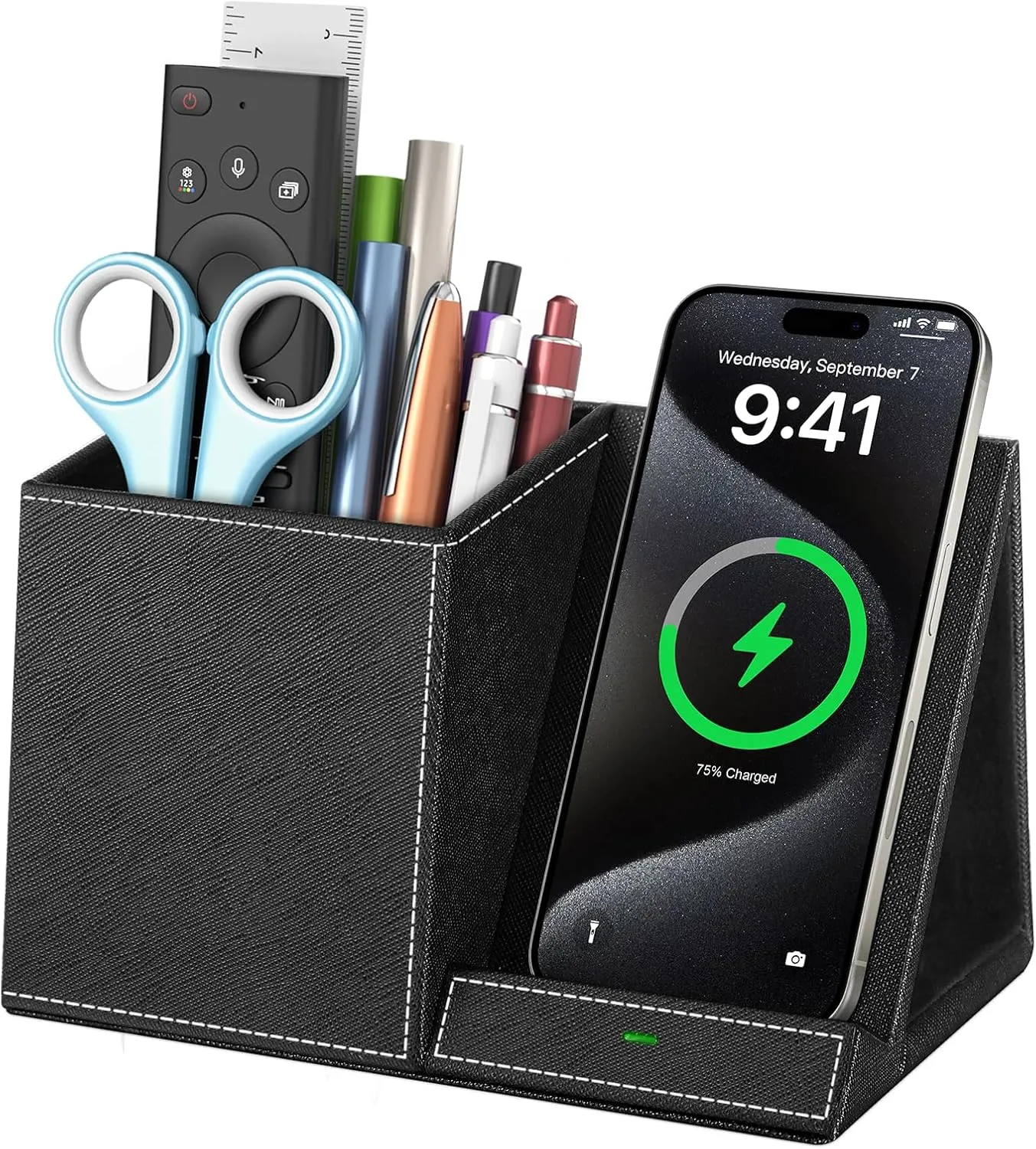 TopMade Wireless Charger with Pen Holder, PU Leather Desk Nightstand Organizer Fast Charging Station, Pencil Holder, for Iphone Charging Stand, Birthday Gifts for Dad Gifts for Men(Black)