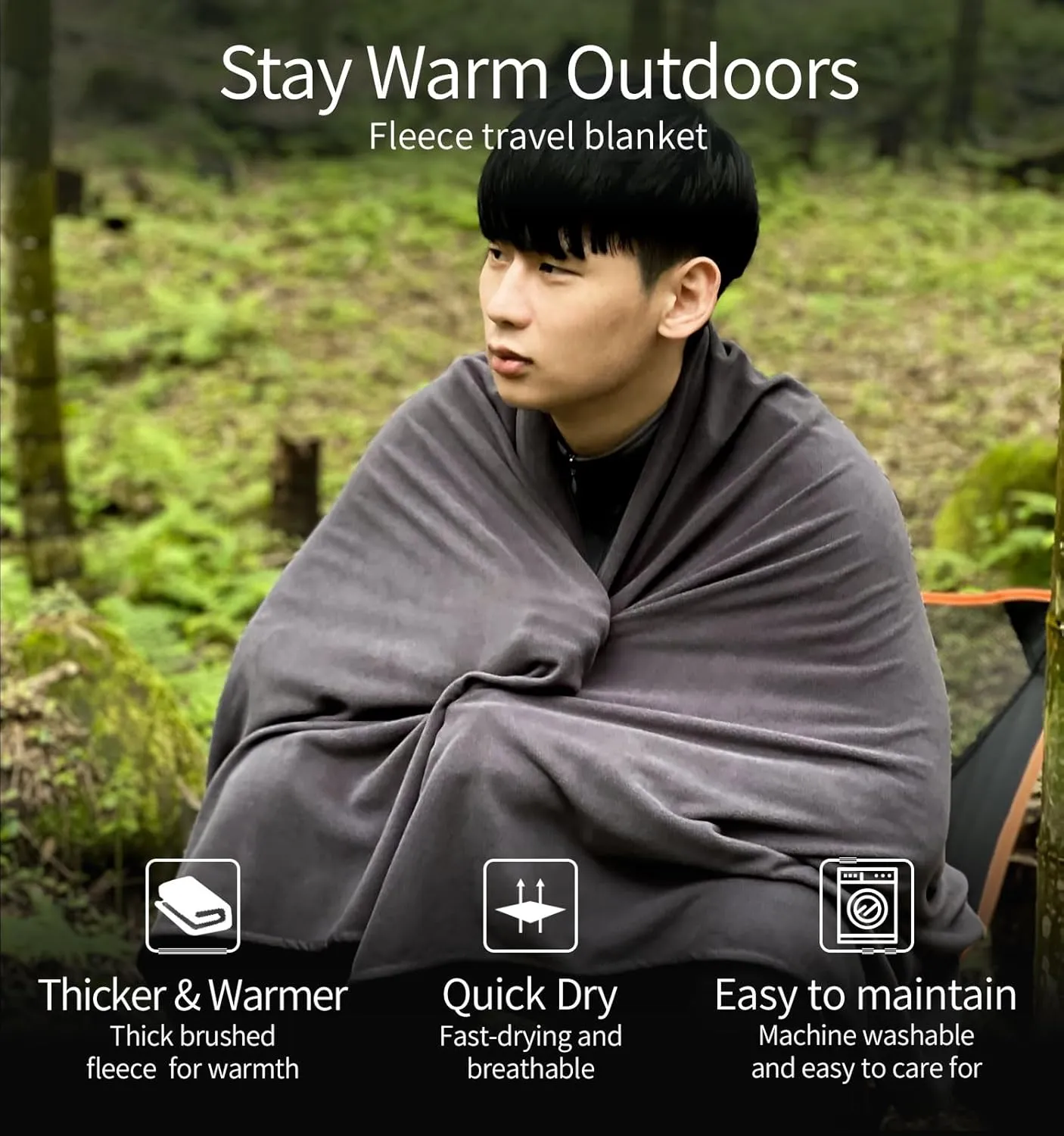 Travel Camping Blanket Lightweight and Breathable, 67 x 48 in Soft Airplane Flight Blanket for Travelers, Foldable Sheet with Stuff Sack for Train, Camp, backapcking, Office, Home (E651 Grey)