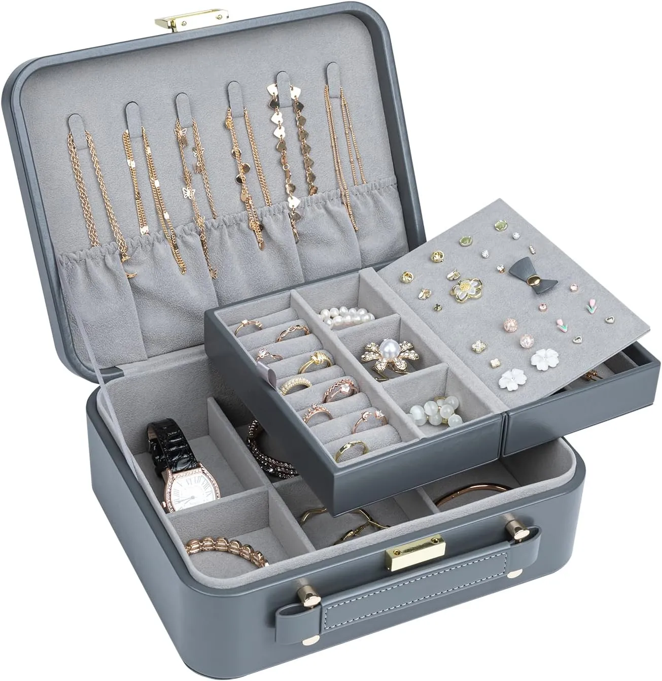Travel Jewelry Case Large, Jewelry Box Large Jewelry Travel Organizer Jewelry Case with Handle, Best Gift for women Girls, Grey