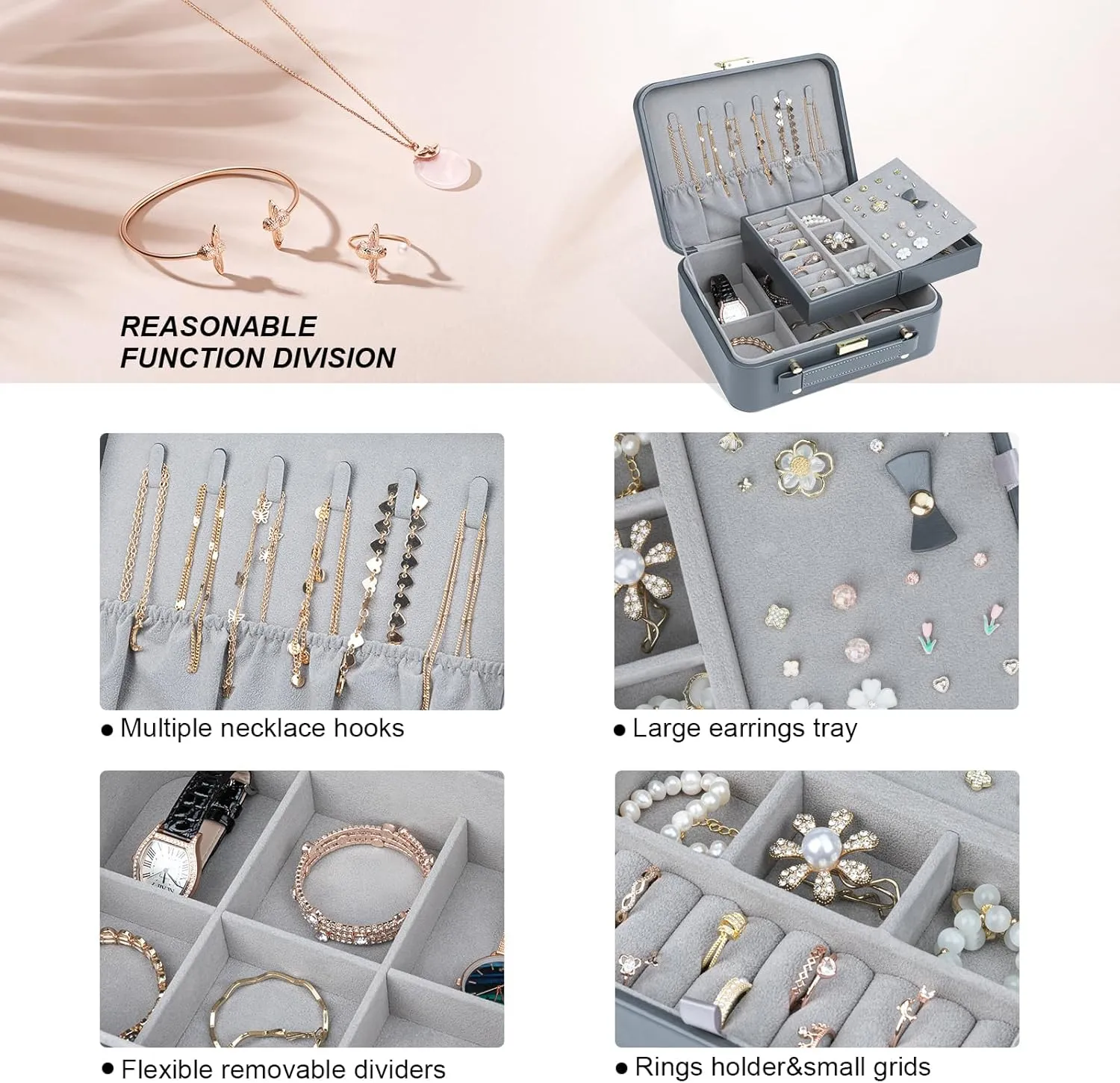 Travel Jewelry Case Large, Jewelry Box Large Jewelry Travel Organizer Jewelry Case with Handle, Best Gift for women Girls, Grey