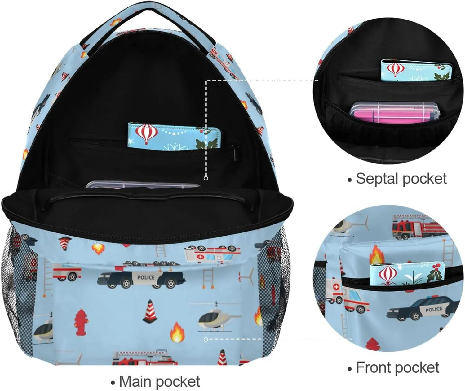 Travel Laptop Backpack Daypack College School Computer Bag Fire Truck Engine Ambulance Police Car Bookbag for Kids, Fits 3 to 6 Years Old