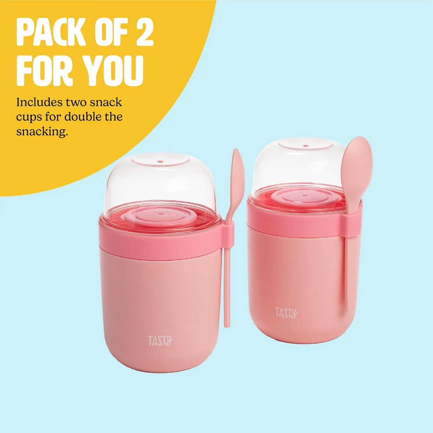 Travel Snack Cups with Spoons, On-The-Go Snacking, Divided Compartments, Great for Nuts, Cereal, Granola, Yogurt and More, Made Without BPA, 2-Pack, Pink