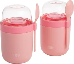 Travel Snack Cups with Spoons, On-The-Go Snacking, Divided Compartments, Great for Nuts, Cereal, Granola, Yogurt and More, Made Without BPA, 2-Pack, Pink