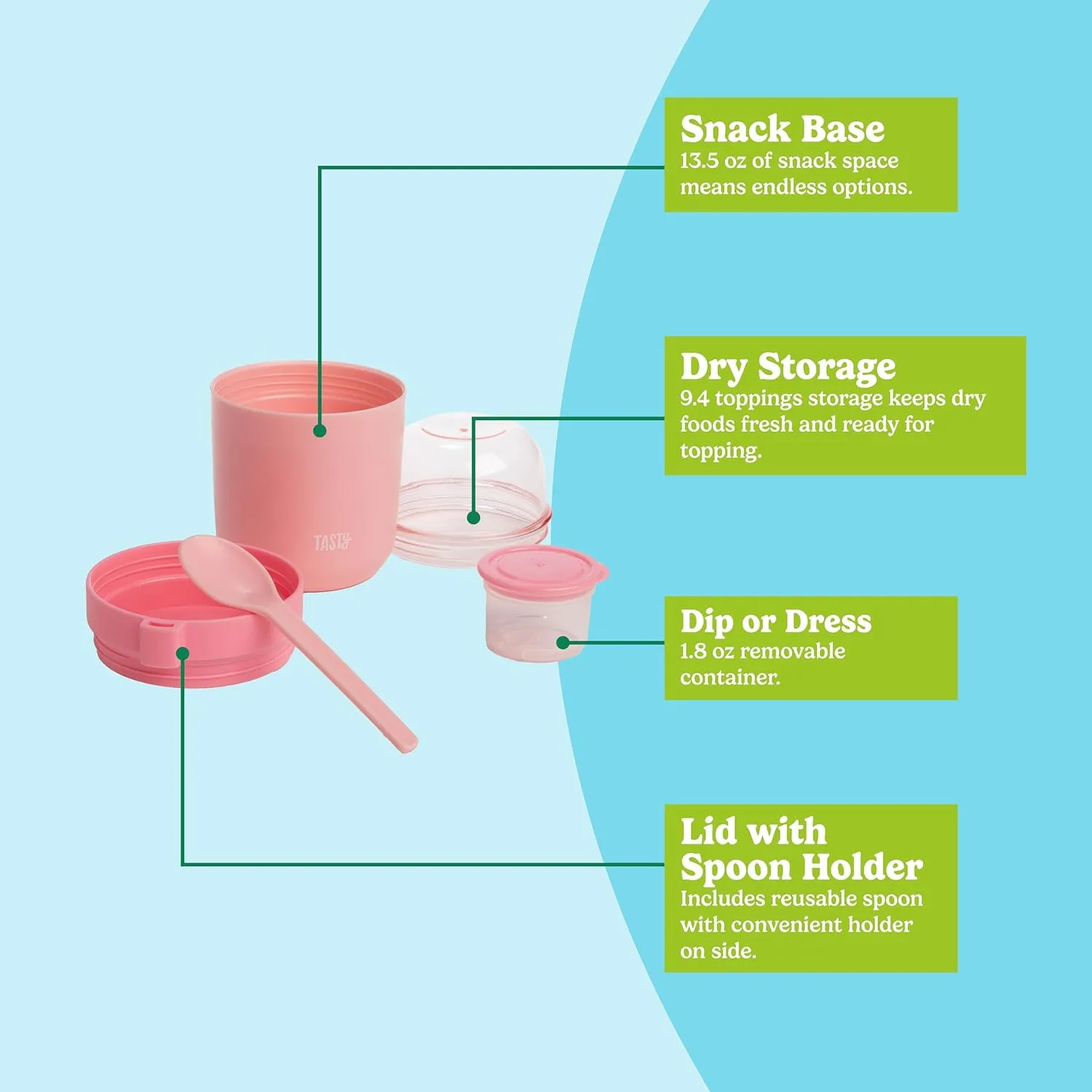 Travel Snack Cups with Spoons, On-The-Go Snacking, Divided Compartments, Great for Nuts, Cereal, Granola, Yogurt and More, Made Without BPA, 2-Pack, Pink