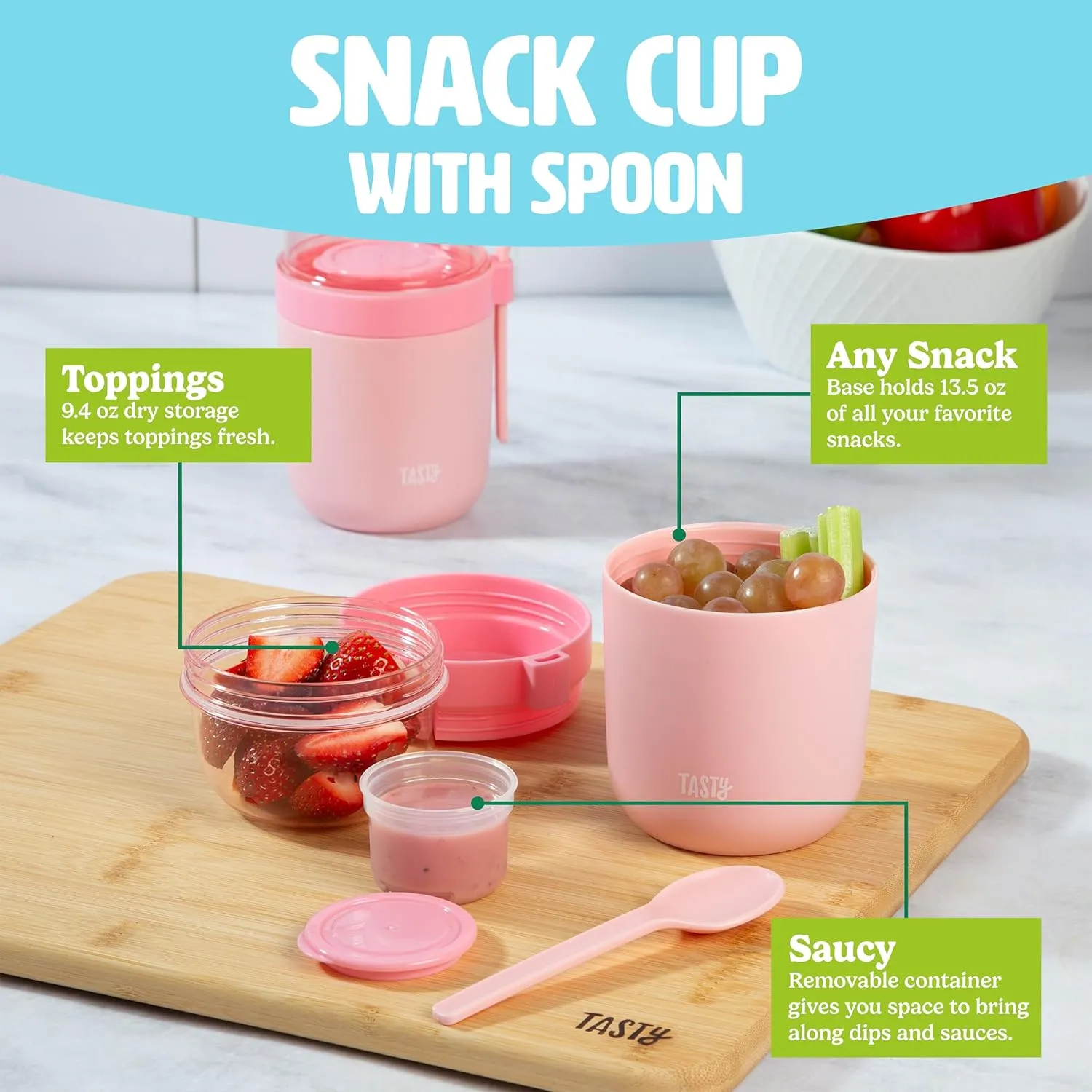 Travel Snack Cups with Spoons, On-The-Go Snacking, Divided Compartments, Great for Nuts, Cereal, Granola, Yogurt and More, Made Without BPA, 2-Pack, Pink