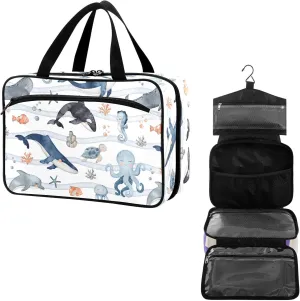 Travel Toiletry Bag for Woman/Men, Coastal Watercolor Marine Animal Hanging Organizer Bag with Pockets Portable Folding Travel Case Bags for Makeup Cosmetic Toiletries Storage Traveling-L