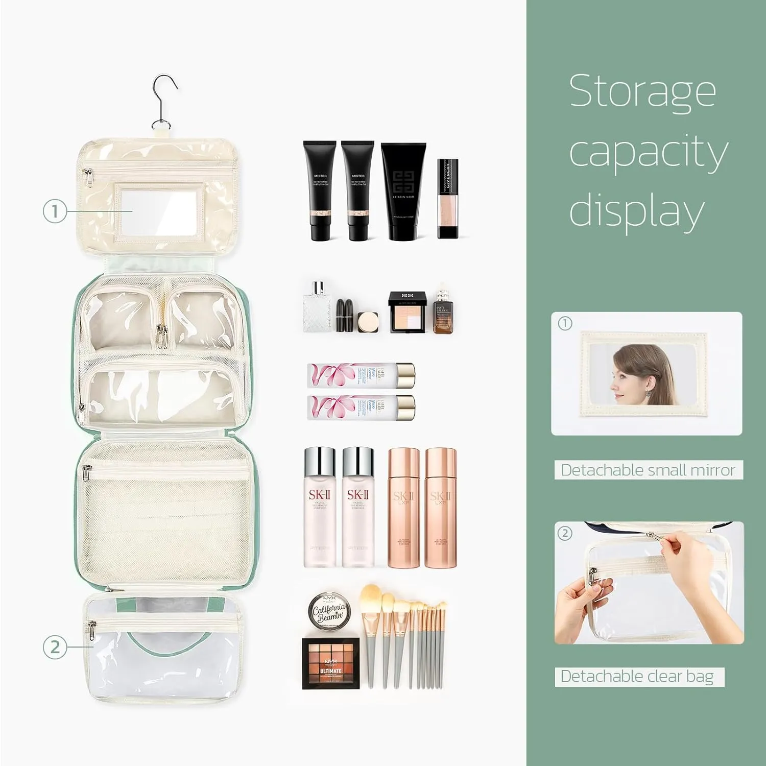 Travel Toiletry Bag for Women, Large Travel Makeup Bag Organizer with Detachable Mirror and Transparent Cosmetic Bag, Suitable for Travel Size Toiletries, Gifts for Women-Mint Green