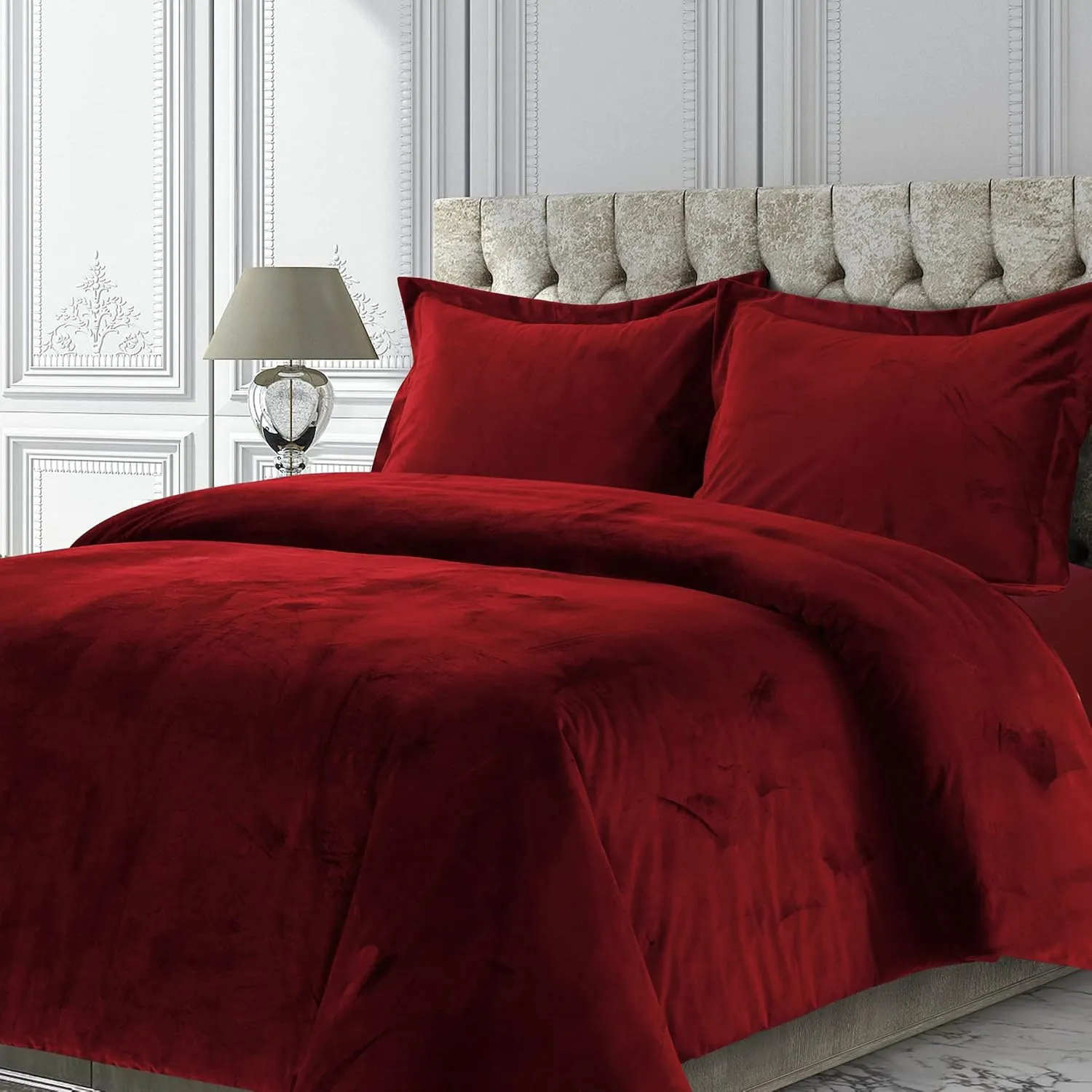 Tribeca Living VENICEDUVET Venice Velvet Oversized Solid Duvet Set,3pieces, King, Burgundy