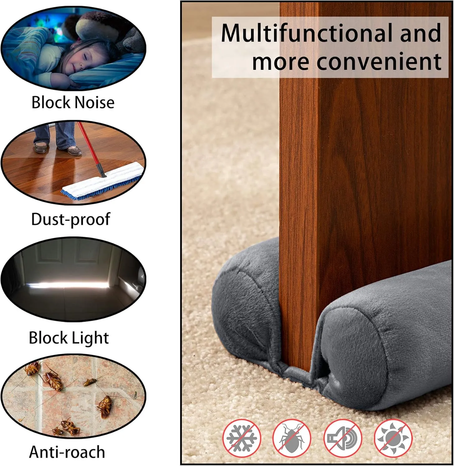 TumiMallody Door Draft Stopper Double Sided Weather Stripping Noise Draft Blocker Door Sweeps Washable Under Door Seal Strip Adjustable Velvet Draft Guard Multi Color Available (36 inch, Deep Grey)
