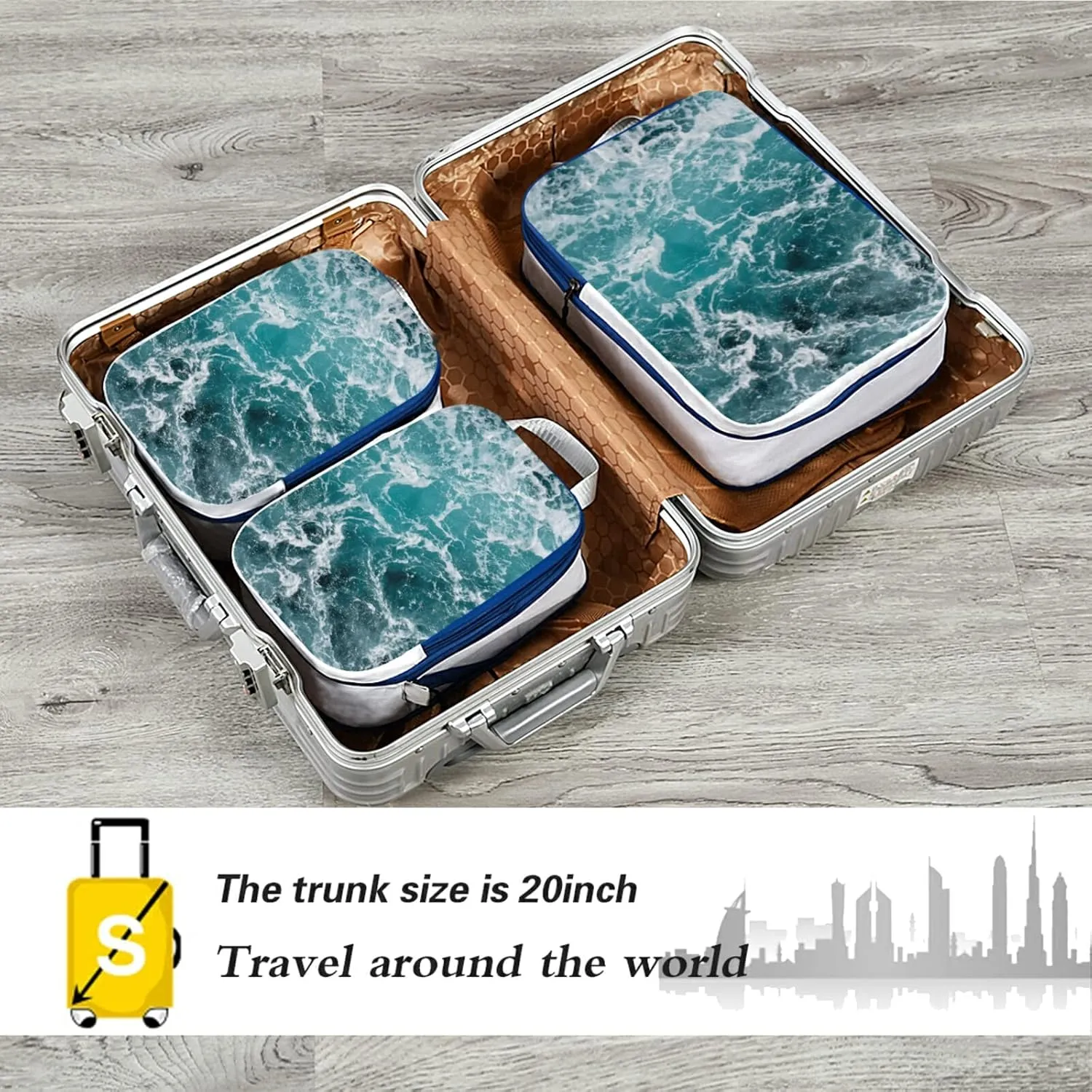 Turquoise Ocean Wavy Surface Water Splashes Close Up 3 Piece set Cubes Expandable Adjustable Luggage Packing Bags, Ultralight Organizer Accessories Travel Suitcase Compressible Bags